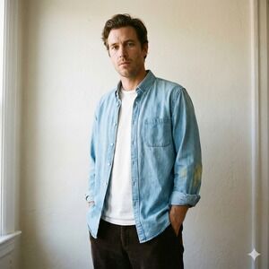 Portuguese Flannel Deinm Button Down Shirt Mens Medium Light Blue Western FLAWED